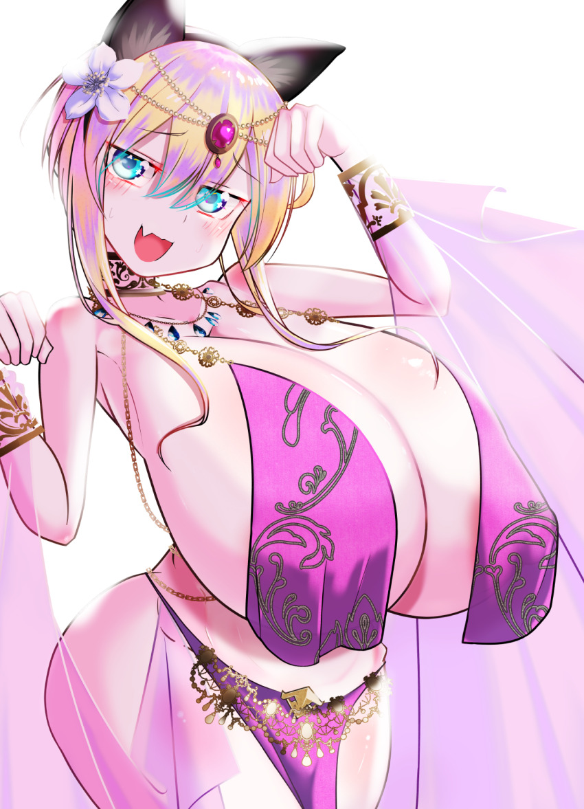 1girl animal_ears blonde_hair blue_eyes breast_curtains breasts cat_ears fang female_focus flower hair_flower hair_ornament harem_outfit huge_breasts kuyu730 loincloth looking_at_viewer original shiny_skin skin_fang smile solo standing white_flower