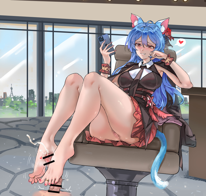 1girl absurdres animal_ears barefoot blue_hair blush cat_ears cat_tail cellphone cum ejaculation feet footjob grin highres jewelry long_hair no_panties original parted_lips phone pussy smartphone smile soles tail toe_ring toes ved