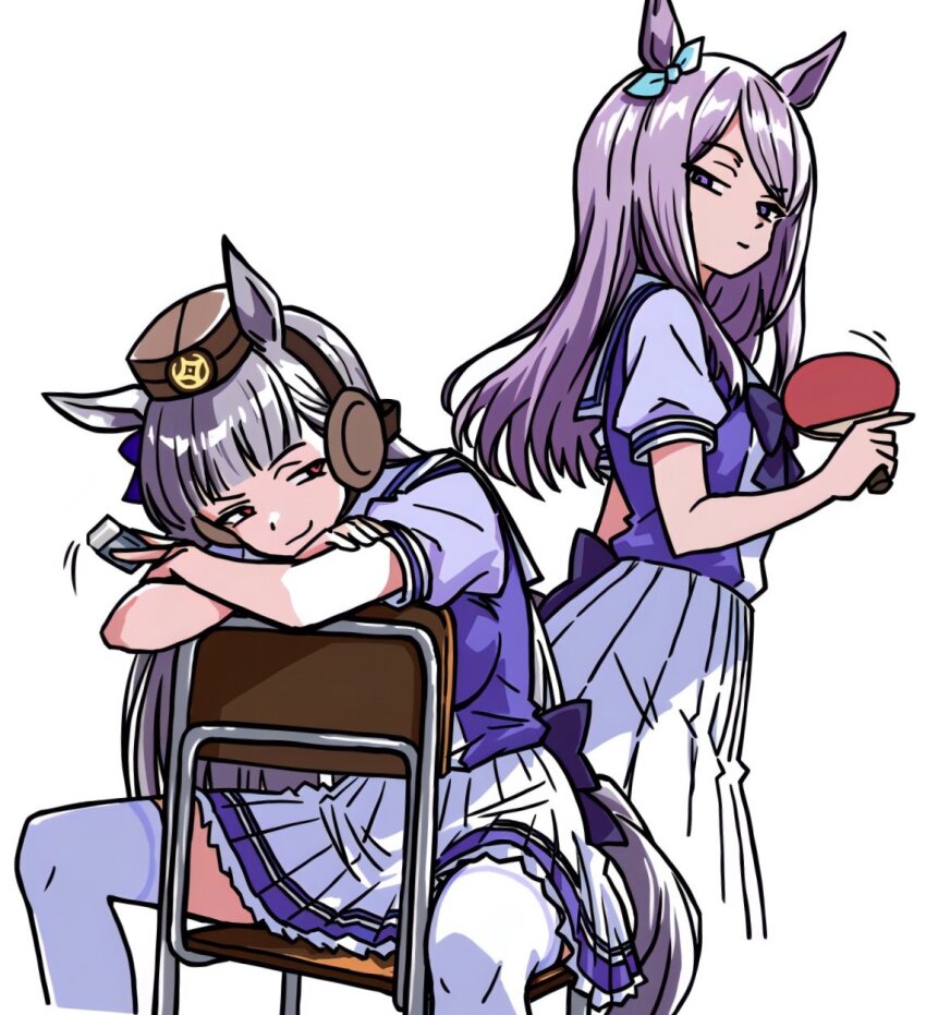 2girls animal_ears aqua_bow blunt_bangs bow bowtie breasts brown_hat chair chime! closed_mouth ear_bow ear_ribbon eraser gold_ship_(umamusume) grey_hair hashtag-only_commentary hat highres holding_table_tennis_paddle horse_ears horse_girl horse_tail large_breasts long_hair mejiro_mcqueen_(umamusume) multiple_girls on_chair pillbox_hat pleated_skirt puffy_short_sleeves puffy_sleeves purple_bow purple_bowtie purple_eyes purple_hair purple_shirt sailor_collar sailor_shirt school_uniform shirt short_sleeves sitting sitting_backwards skirt smile tail thighhighs tracen_school_uniform umamusume white_sailor_collar white_skirt white_thighhighs
