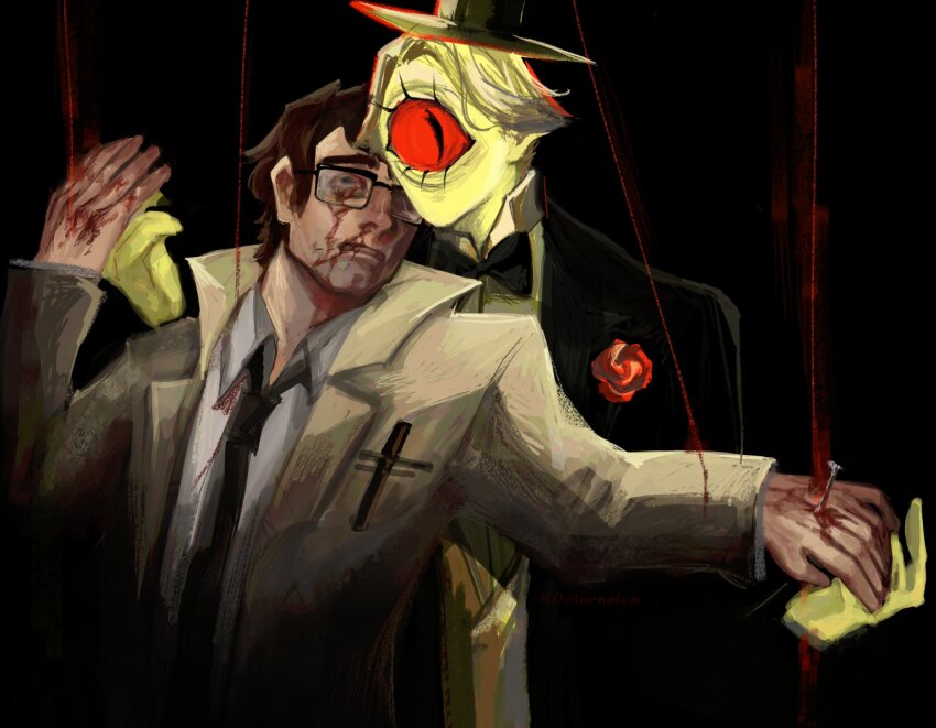 2boys bill_cipher black_coat black_necktie blood blood_on_face bloody_tears bow bowtie brown_hair coat commentary cowboy_shot cross english_commentary ford_pines glasses gravity_falls hand_up hat head_on_another's_shoulder highres holding_hands impaled leaning_back looking_at_viewer male_focus multiple_boys n0cturnalcm nail_(hardware) necktie nosebleed one-eyed parted_lips personification puppet_strings rose_pin shirt sideburns slit_pupils string string_of_fate top_hat upper_body white_shirt yellow_coat