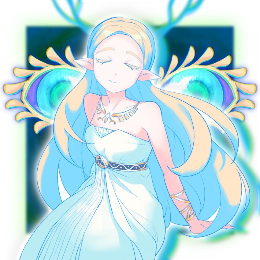 00bbb_lz 1girl aqua_eyes bare_shoulders blonde_hair blurry blurry_background border breasts closed_eyes closed_mouth colored_eyelashes commentary_request dragon_horns dress gold_bracer gold_necklace horns jewelry korean_commentary light_dragon_(zelda) light_smile long_dress long_hair medium_breasts necklace nintendo parted_bangs pointy_ears princess_zelda sitting solo strapless strapless_dress the_legend_of_zelda the_legend_of_zelda:_breath_of_the_wild the_legend_of_zelda:_tears_of_the_kingdom triforce white_border white_dress