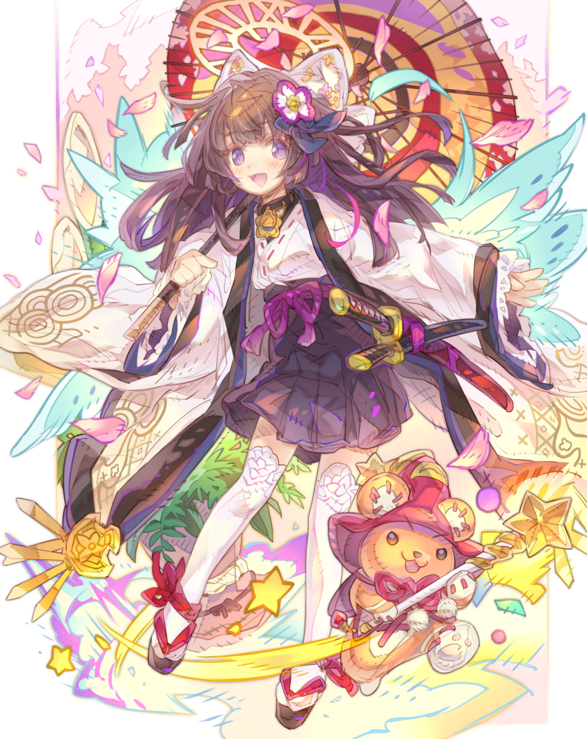 1girl :d black_skirt blue_wings bow brown_hair brown_sandals character_request commentary_request commission emil_chronicle_online full_body hair_bow haku_(sabosoda) hat highres holding holding_umbrella japanese_clothes katana kimono long_hair long_sleeves oil-paper_umbrella open_mouth petals pleated_skirt purple_eyes red_hat sandals sheath sheathed skeb_commission skirt sleeves_past_wrists smile solo stuffed_animal stuffed_toy sword tabi teddy_bear thighhighs umbrella very_long_hair weapon white_bow white_kimono white_thighhighs wide_sleeves wings witch_hat zouri