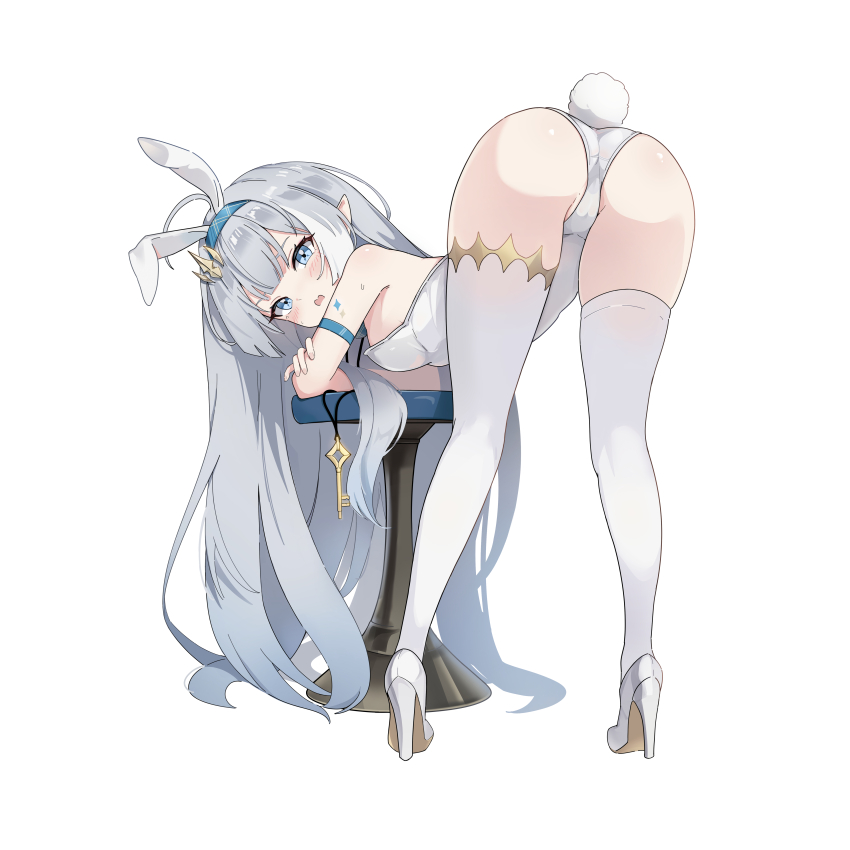 1girl absurdres animal_ears armband ass bar_stool bare_shoulders blue_armband blue_eyes blue_hairband blush breasts embarrassed extra_pupils fake_animal_ears fake_tail female_tyrant_(stella_sora) from_behind grey_hair hair_ornament hairband high_heels highres jewelry key key_necklace koy_(4767269) leaning_forward leotard loli long_hair mole mole_on_crotch necklace open_mouth playboy_bunny pointy_ears rabbit_ears rabbit_tail shoes simple_background small_breasts solo standing stella_sora stool sweat tail thighhighs tyrant_(stella_sora) very_long_hair white_background white_leotard white_shoes white_thighhighs