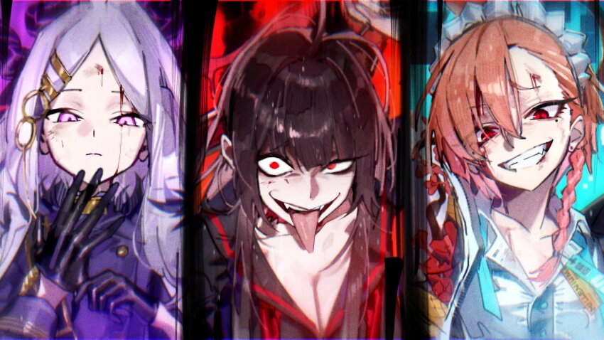 3girls black_gloves black_hair black_halo blood blood_on_face blue_archive breasts commentary_request demon_girl demon_horns fangs gloves halo highres hina_(blue_archive) horns loft_stein long_hair looking_at_viewer mole mole_under_eye multiple_girls neru_(blue_archive) orange_hair purple_eyes red_eyes small_breasts smile tongue tongue_out tsurugi_(blue_archive) upper_body white_hair