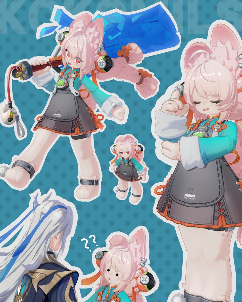 1boy 1girl 3d ? absurdres accessories animal_ear_fluff animal_ears animal_feet artist_name blue_hair braid bright_pupils buck_teeth confused ear_piercing from_behind furry furry_female genshin_impact highres holding holding_sword holding_weapon kokomils long_hair looking_at_viewer multicolored_hair neuvillette_(genshin_impact) o-ring_necktie open_mouth piercing pink_fur pink_hair rabbit_ears rabbit_girl short_eyebrows streaked_hair sword teeth thick_eyebrows thinking twin_braids weapon white_hair zenless_zone_zero zhao_(zenless_zone_zero)