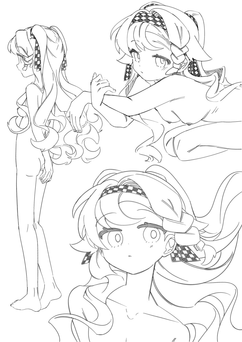 1girl absurdres ass braid braided_sidelock breasts checkered_hairband closed_mouth commentary_request completely_nude dot_mouth from_side full_body greyscale hairband highres lineart long_hair looking_at_viewer lying monochrome multiple_views nipples nude on_stomach profile reverse:1999 sanjuqing'an small_breasts sonetto_(reverse:1999) standing two_side_up upper_body very_long_hair white_background