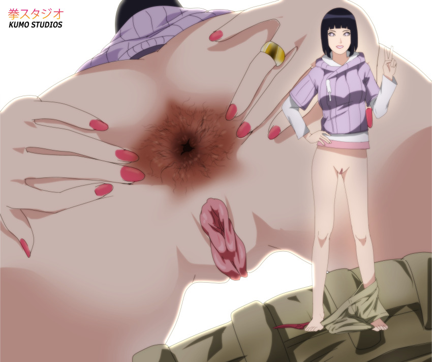 1girl anus ass barefoot black_hair bottomless clitoral_hood clitoris clothes_pull from_below gaping grabbing_own_ass hand_on_own_hip hood hoodie hyuuga_hinata jewelry kumostudios looking_at_viewer mature_female multiple_views nail_polish naruto_(series) naruto_shippuuden no_panties pants pants_pull presenting pubic_hair purple_eyes pussy ring short_hair shorts shorts_pull smile solo spread_anus spread_ass standing toenails v