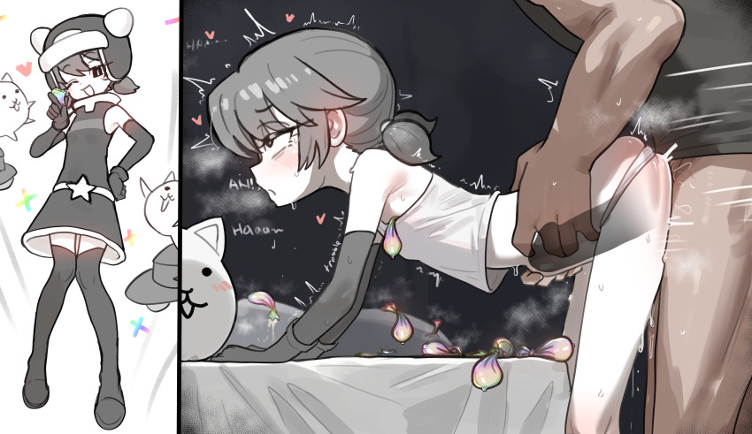 1boy 1girl ^^^ absurdres armpits bed bent_over blank_censor blush boots breath cat_(nyanko_daisensou) censored condom condom_wrapper crop_top dark-skinned_male dark_skin dress ebora elbow_gloves english_text flat_chest gloves grey_boots grey_dress grey_gloves grey_hair hairband heart heavy_breathing helmet hetero highres loli momoco_(nyanko_daisensou) multiple_views nyanko_daisensou out_of_frame pale_skin panties penis pillow puckered_lips rolling_eyes sex sex_from_behind shirt short_hair short_twintails sidelocks standing standing_sex stomach_bulge sweat tank_top thigh_boots torso_grab trembling twintails underwear used_condom white_panties white_shirt x-ray