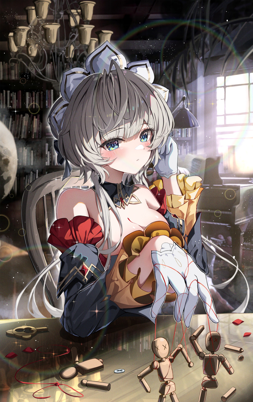 1girl absurdres arms_up bare_shoulders black_sleeves blue_eyes blush bookshelf breasts brown_hair chair chandelier cleavage closed_mouth day detached_sleeves genshin_impact gloves half_gloves hands_up highres indoors long_sleeves looking_at_viewer marionette on_chair parted_lips puppet puppet_strings sandrone_(genshin_impact) short_hair_with_long_locks sitting solo strapless sunlight teeth white_gloves yeni1871