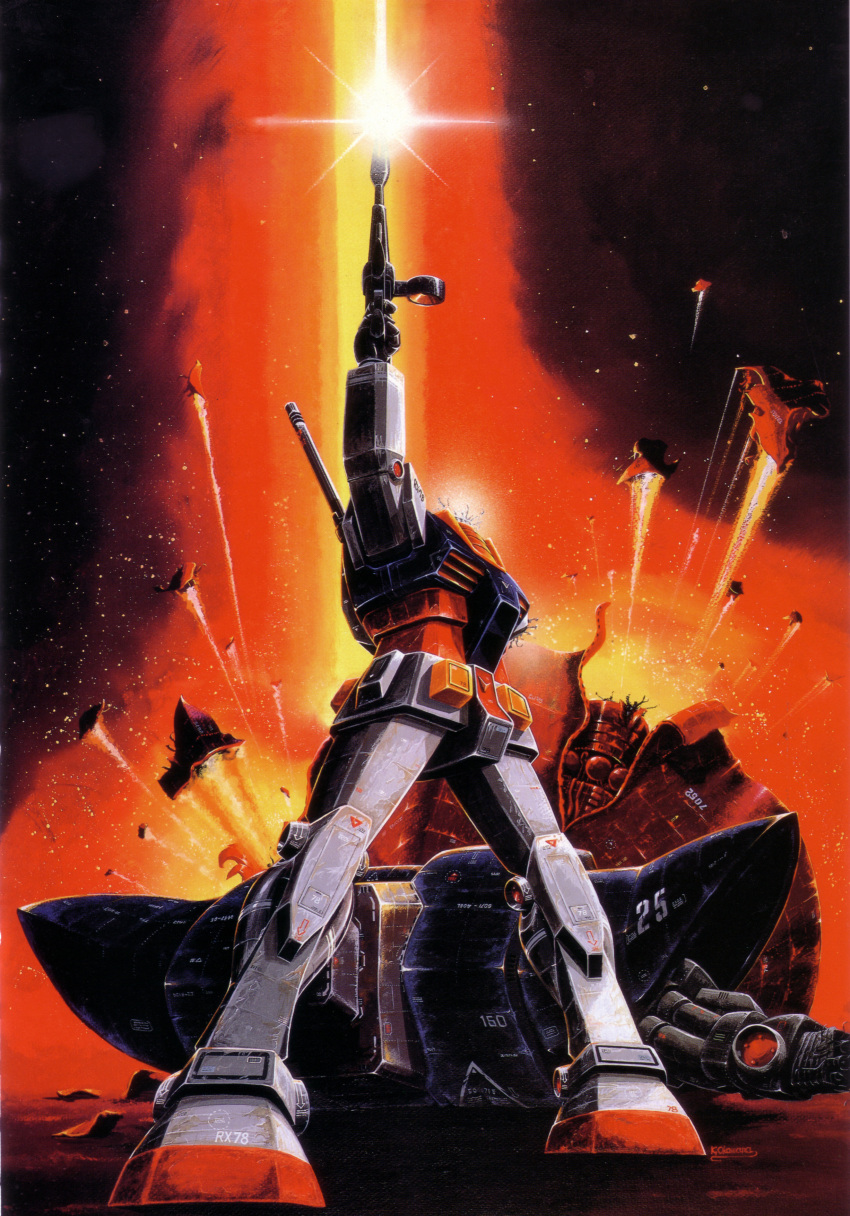 1970s_(style) 1980s_(style) absurdres beam_rifle character_name damaged debris dirty earth_federation energy_gun explosion exposed_internal_machinery firing gundam headless highres holding holding_weapon last_shooting machinery mecha mecha_focus mobile_suit mobile_suit_gundam oldschool ookawara_kunio painting_(medium) production_art realistic retro_artstyle robot rx-78-2_gundam scan scene_reference science_fiction signature traditional_media victory weapon when_you_see_it zeon zeong