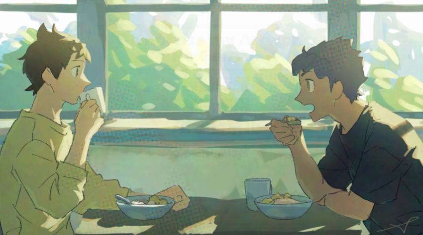 2boys alternate_costume black_shirt bowl brown_hair cup day drinking eating from_side hand_up highres holding holding_cup holding_spoon hop_(pokemon) indoors male_focus mug multiple_boys nintendo open_mouth pokemon pokemon_swsh sankaku shirt short_hair short_sleeves signature spoon t-shirt table victor_(pokemon) window yellow_shirt