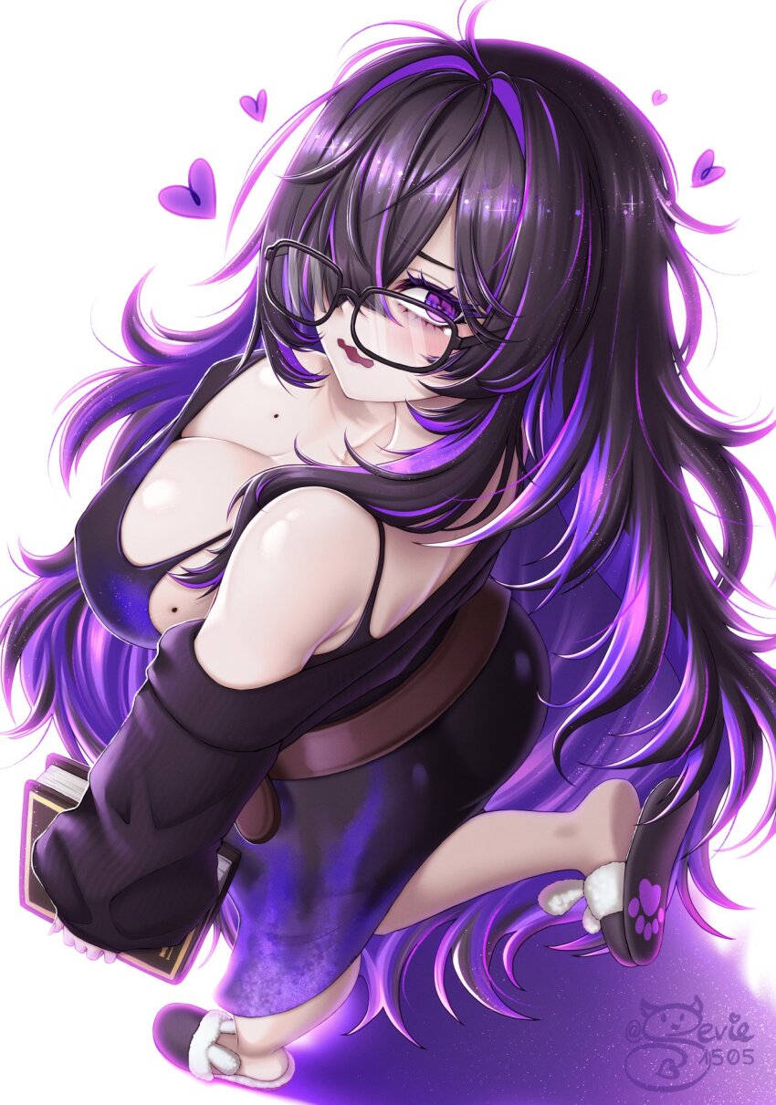 1girl animal_slippers black-framed_eyewear black_cardigan black_hair book breasts cardigan cardigan_partially_removed colored_inner_hair commentary dress english_commentary glasses goddess_of_victory:_nikke hand_on_book highres label_(nikke) large_breasts mole mole_on_breast multicolored_hair purple_hair purple_streaks sevie signature slippers solo taut_clothes taut_dress