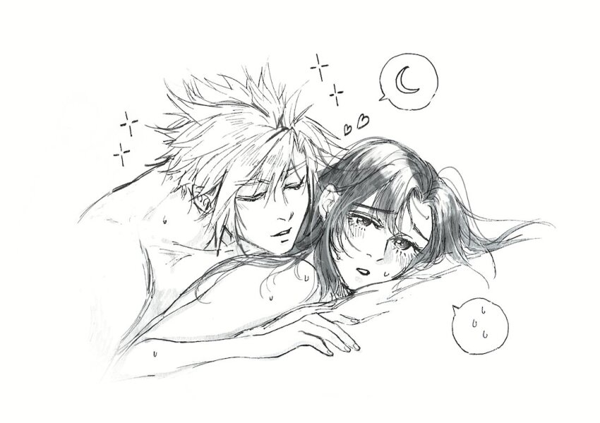 1boy 1girl black_hair blush boy_on_top cloud_strife collarbone commentary couple crescent_moon english_commentary exhausted final_fantasy final_fantasy_vii final_fantasy_vii:_advent_children greyscale heart hetero implied_after_sex leaning_on_person linono long_hair lying monochrome moon night nude on_person on_stomach open_mouth parted_lips short_hair simple_background sparkle spiked_hair spoken_sweatdrop sweat sweatdrop tifa_lockhart traditional_media upper_body white_background