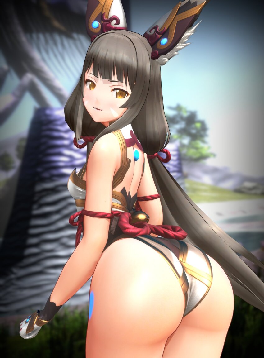 1girl 3d animal_ears ass blobcg blunt_bangs breasts cat_ears commentary english_commentary facial_mark from_behind gloves grey_hair highleg highleg_leotard highres leotard long_hair looking_at_viewer looking_back low_twintails nia_(blade)_(xenoblade) nia_(xenoblade) rope small_breasts solo twintails variant_set very_long_hair xenoblade_chronicles_(series) xenoblade_chronicles_2 yellow_eyes