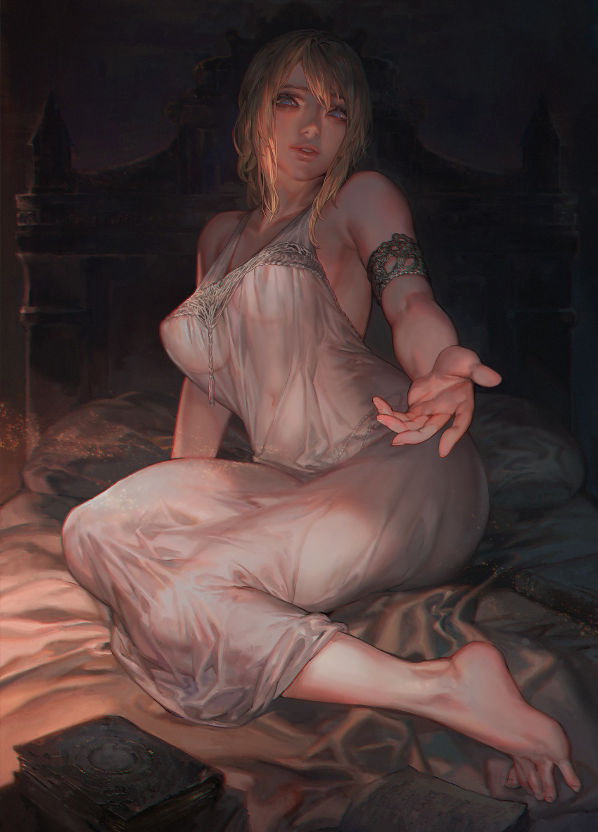 1girl absurdres aoin arm_support armlet barefoot bed blonde_hair book breasts covered_erect_nipples covered_navel dark_background dress elden_ring feet fia_the_deathbed_companion fromsoftware highres jewelry outstretched_arm parted_lips pillow reaching reaching_towards_viewer solo toes white_dress