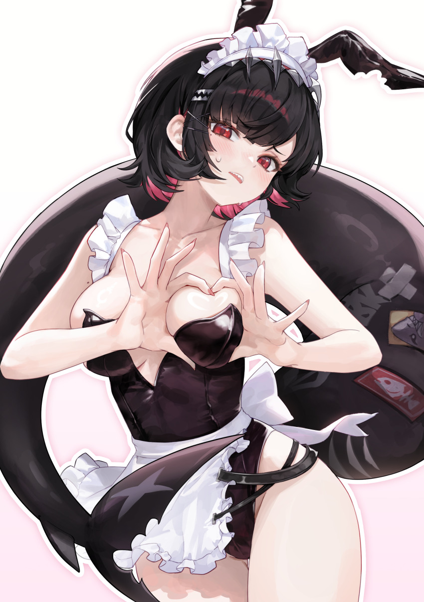 1girl absurdres alternate_costume animal_ear_hairband animal_ears apron black_hair black_leotard blush breasts collarbone colored_inner_hair cowboy_shot ellen_joe fake_animal_ears fins fish_tail hairband heart-shaped_boob_challenge highres korean_commentary large_breasts leotard maid_headdress malsuk metal_hairband mole mole_on_arm multicolored_hair outline purple_hair rabbit_ear_hairband rabbit_ears red_eyes shark_girl shark_tail sharp_teeth short_hair solo sweatdrop tail teeth waist_apron white_background white_outline zenless_zone_zero