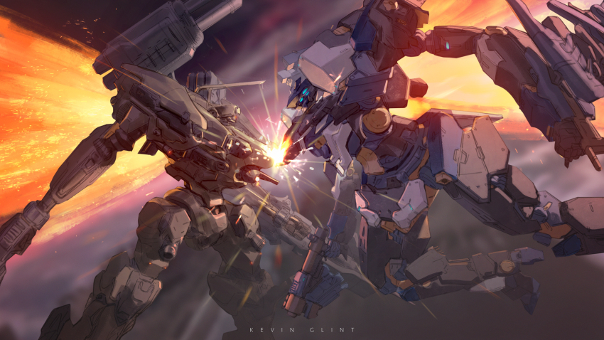 arm_mounted_weapon armored_core armored_core_vi:_fires_of_rubicon battle blue_eyes commentary cowboy_shot english_commentary extra_eyes gun handgun highres holding holding_gun holding_weapon kevin_glint loader_4 mecha mecha_focus no_humans one-eyed robot science_fiction shoulder_cannon steel_haze_ortus thrusters weapon