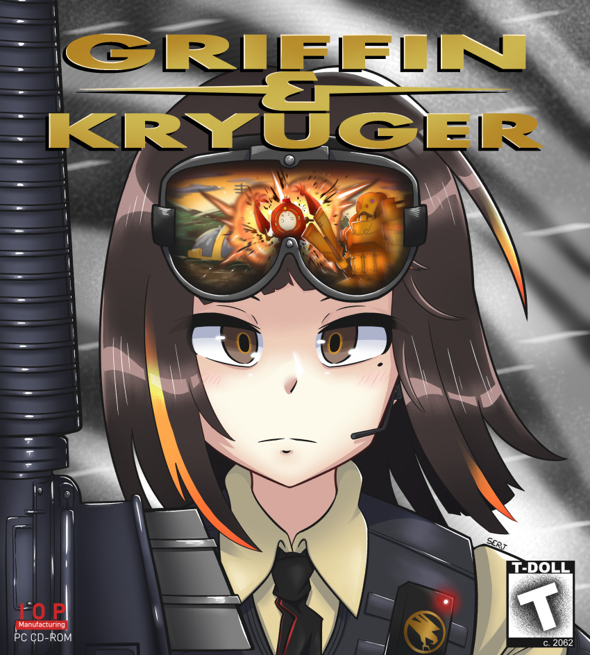 1girl absurdres assault_rifle black_hair brown_eyes command_&amp;_conquer commission girls&#039;_frontline goggles goggles_on_head gun highres m16 m16a1_(girls&#039;_frontline) m16a2 magazine_(weapon) mole mole_under_eye multicolored_hair orange_hair parody rifle serjatronic solo streaked_hair upper_body weapon