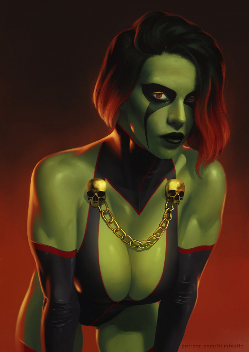 1girl absurdres bare_shoulders black_lips breasts chain cleavage colored_skin commentary cowboy_shot detached_sleeves dima_ivanov facial_mark film_grain gamora gradient_background green_skin highres large_breasts leaning_forward leotard looking_at_viewer marvel mature_female medium_hair patreon_username red_eyes red_light red_streaks skin_tight skull_ornament solo symbol-only_commentary taut_clothes thick_thighs thigh_gap thighhighs thighs toned toned_female