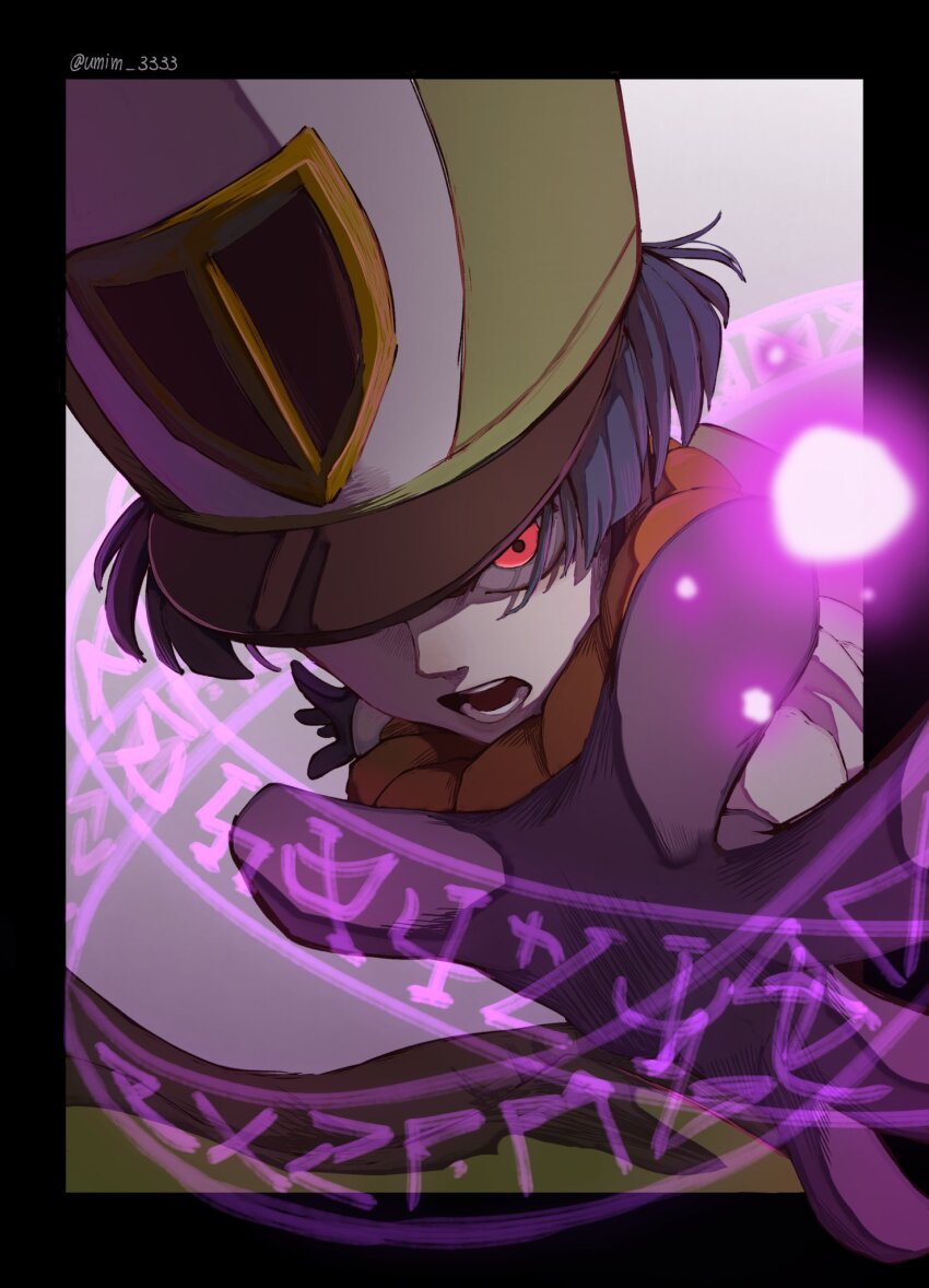 1boy black_border black_gloves blue_hair blunt_ends border casting_spell clift coat dragon_quest dragon_quest_iv floating_clothes floating_hair from_above gloves green_coat green_hat grey_background hat highres looking_at_viewer looking_up male_focus mitre one_eye_covered open_mouth orange_scarf reaching reaching_towards_viewer red_eyes runes scarf short_hair solo twitter_username umim_3333