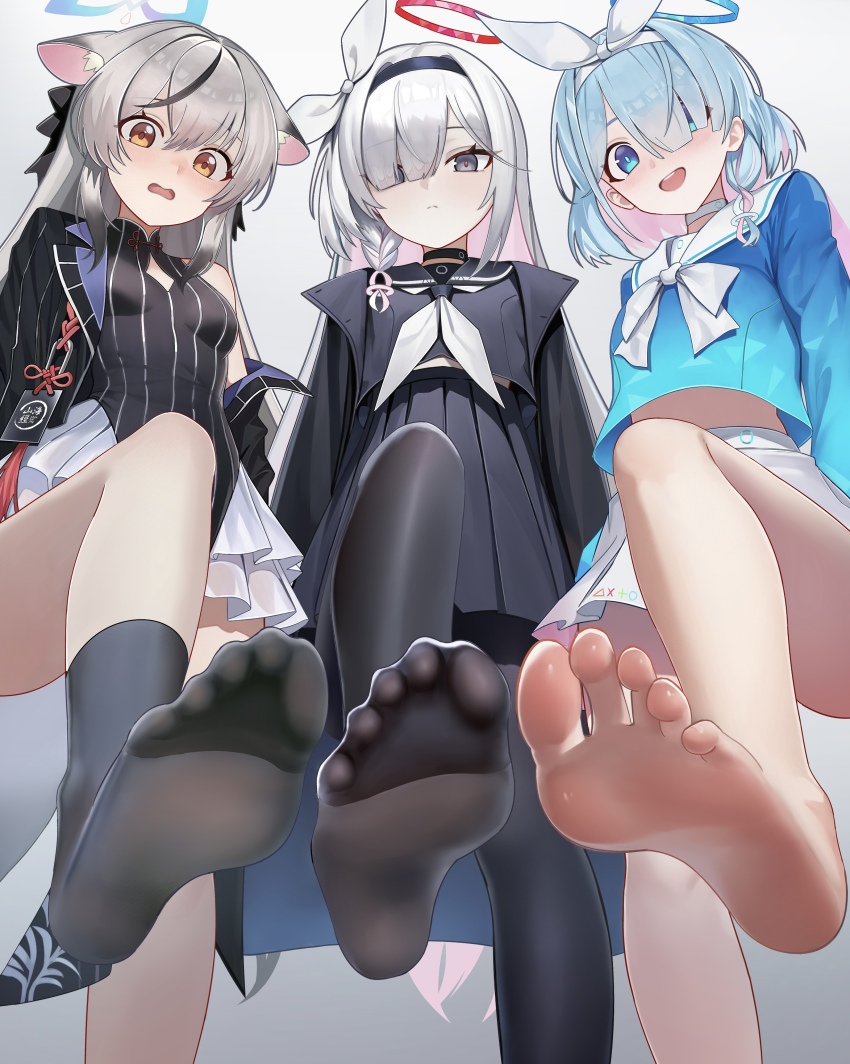 3girls :d :o absurdres animal_ear_fluff aqua_halo arona_(blue_archive) barefoot black_choker black_coat black_dress black_eyes black_pantyhose black_sailor_collar black_serafuku black_skirt blue_archive blue_serafuku blunt_bangs bm_(bm364364) bow braid china_dress chinese_clothes choker coat colored_inner_hair commentary_request cowboy_shot dress embarrassed frilled_skirt frills from_below gradient_background grey_hair hair_between_eyes hair_bow hair_over_one_eye hair_ribbon halo highres kokona_(blue_archive) long_hair long_sleeves looking_at_viewer looking_down low_twintails multicolored_hair multiple_girls neckerchief open_clothes open_coat open_mouth orange_eyes pantyhose parted_bangs pelvic_curtain plana_(blue_archive) pleated_skirt red_halo ribbon sailor_collar school_uniform serafuku short_hair sidelocks simple_background single_braid skirt sleeveless sleeveless_dress smile soles standing standing_on_one_leg streaked_hair toes twintails two-tone_background two-tone_hair white_background white_hair white_neckerchief white_sailor_collar white_skirt