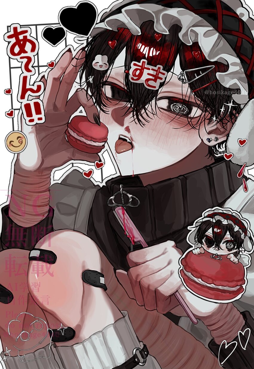 1boy :p @_@ aegyo_sal bandaid bandaid_on_knee bandaid_on_leg black_eyes black_hair chibi chibi_inset commentary_request crossed_bangs double-parted_bangs earrings eyebrow_razor food hair_between_eyes hand_up hat headdress highres holding_razor_blade hosikage4040 imminent_bite jewelry looking_at_viewer macaron male_focus original razor_blade scar scar_on_arm self-harm short_hair solo thigh_cutting tongue tongue_out wrist_cutting
