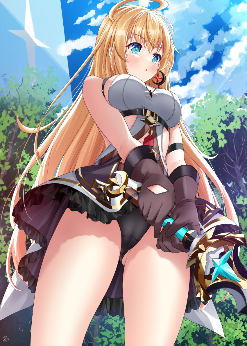 1girl :o absurdres ahoge aqua_eyes black_gloves black_panties blonde_hair blue_sky blush breasts cameltoe cloud commentary_request day dress frilled_dress frills from_below gloves helvetica_std highres holding holding_sword holding_weapon long_hair medium_breasts noya_(stella_sora) open_mouth outdoors panties pantyshot sidelocks sky solo standing stella_sora sword thighs underwear upskirt very_long_hair weapon white_dress
