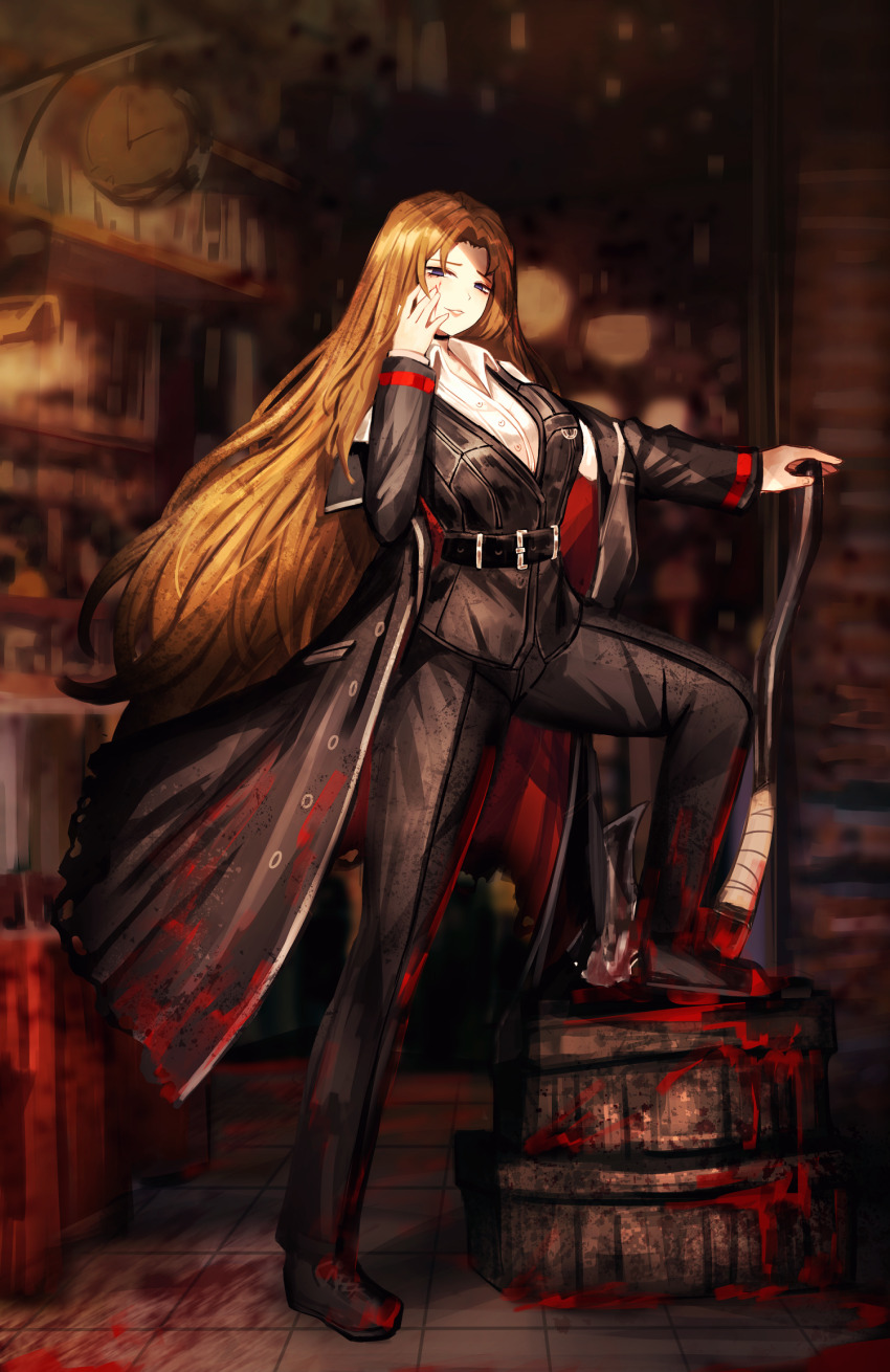 1girl axe belt black_belt black_pants black_shoes black_vest blood blood_on_clothes bloody_weapon blue_eyes box brown_hair clock collared_shirt commentary dolsig_ilangnolja hand_on_own_face highres holding holding_axe indoors limbus_company long_hair looking_at_viewer pants parted_bangs parted_lips project_moon rodion_(project_moon) shirt shoes solo standing very_long_hair vest weapon white_shirt