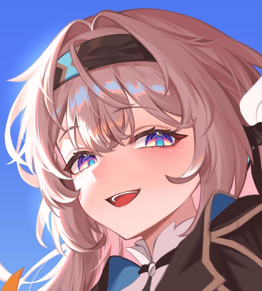 1girl black_ribbon blue_sky brown_hairband brown_jacket collared_shirt commentary_request firefly_(honkai:_star_rail) gradient_eyes green_pupils hair_ornament hair_ribbon hairband highres honkai:_star_rail honkai_(series) jacket korean_commentary long_hair multicolored_eyes on2_(on2dhsxn) open_mouth ribbon shirt sky smile solo teeth upper_teeth_only white_shirt