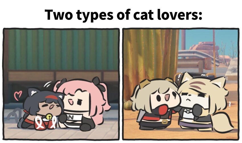 4girls animal_ears bell black_gloves black_hair black_ribbon black_skirt black_tube_top blonde_hair body_fur burnice_white cat_ears cat_girl cat_tail cheetah_girl chibi chibi_only commentary crop_top english_commentary english_text furry furry_female gloves hair_ornament hairband heart multiple_girls multiple_tails neck_bell nekomiya_mana nicole_demara outdoors photo_background pink_hair pulchra_fellini red_gloves red_hairband resisting ribbon skirt smile strapless superappleman tail tube_top twintails two_tails white_tube_top yellow_fur zenless_zone_zero