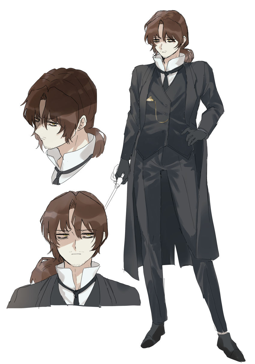 1boy absurdres alternate_costume bags_under_eyes black-framed_eyewear black-framed_glasses black_coat black_gloves black_necktie black_pants black_shoes black_suit black_vest brown_hair closed_mouth coat collared_shirt expressionless facial_hair formal_clothes frown full_body glaring glasses gloves gold_watch gregor_(project_moon) hair_between_eyes half-closed_eyes hand_on_own_hip high_collar highres holding holding_wand jacket jitome kikkoinu limbus_company long_coat long_hair long_sleeves looking_at_viewer looking_to_the_side looking_up low_ponytail male_focus multiple_views necktie pants parted_bangs photoshop_(medium) pixiv_fantasia pocket_watch ponytail project_moon sanpaku semi-rimless_eyewear serious shaded_face shirt shoes sideways_glance simple_background sketch solo standing stubble suit tuxedo under-rim_eyewear upper_body vest wand watch white_background white_shirt yellow_eyes