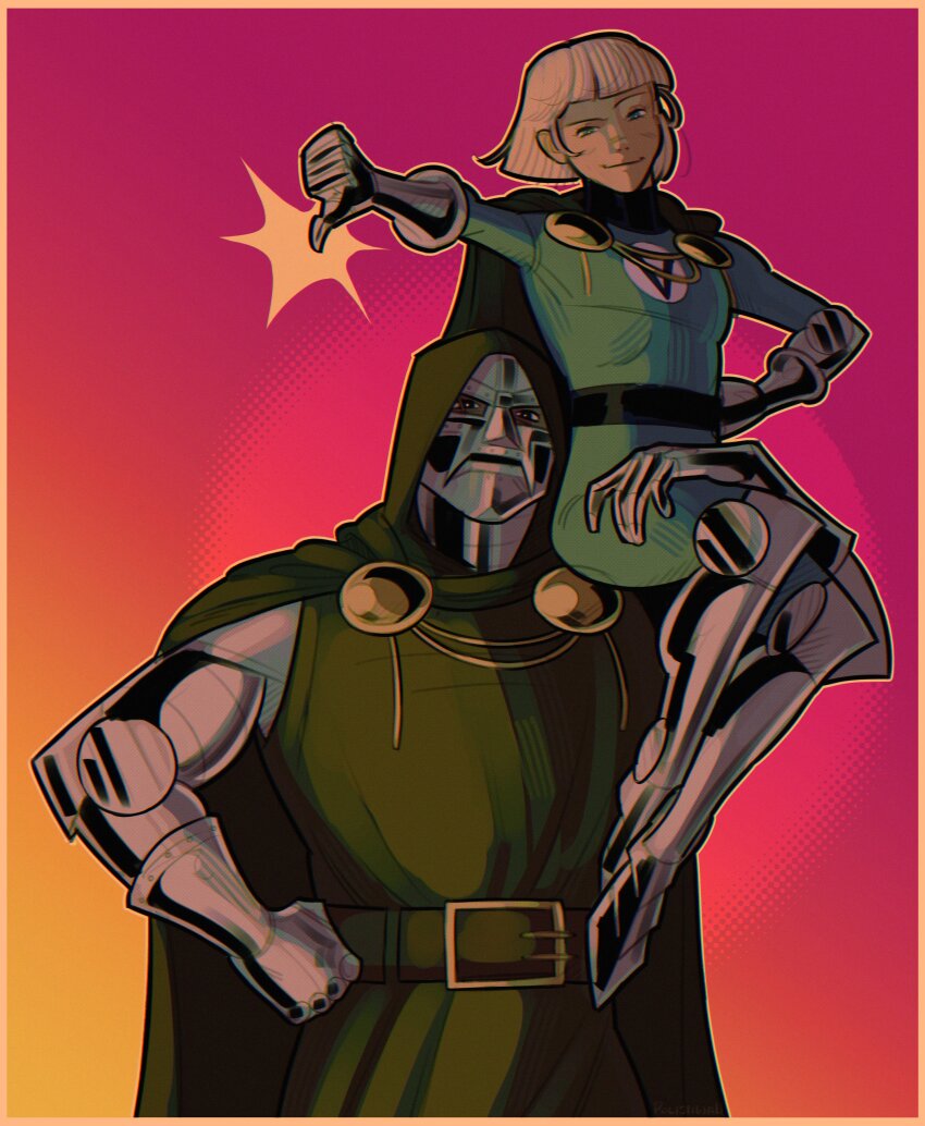 1boy absurdres armor blonde_hair cape capet commentary doctor_doom english_commentary fantastic_four gloves helmet highres hood looking_at_viewer marvel mask polishwah short_hair smile superhero_costume thumbs_down valeria_richards