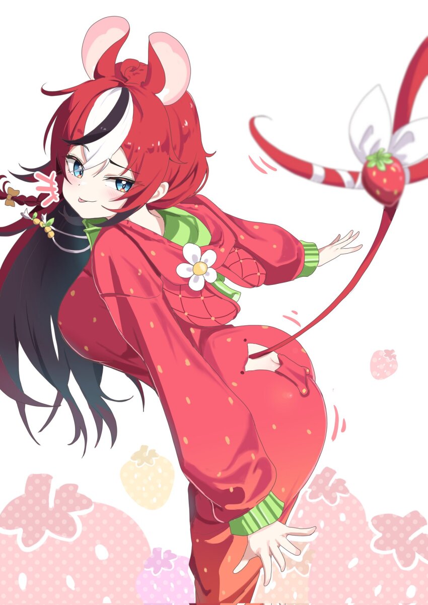 +++ 1girl :p ahoge animal_ear_fluff animal_ears ass ass_peek ass_shake black_hair black_streaks blue_eyes blush bow braid breasts cafelittle clothing_cutout commentary double-parted_bangs flower food from_side fruit hair_between_eyes hakos_baelz hakos_baelz_(strawberry_onesie) highres hololive hololive_english hood hood_down hooded_pajamas large_breasts laughing leaning_forward long_hair looking_at_viewer mouse_ears mouse_girl mouse_tail multicolored_hair official_alternate_costume onesie pajamas raised_eyebrow red_hair red_pajamas sideboob standing strawberry strawberry_background tail tail_bow tail_ornament tongue tongue_out virtual_youtuber white_background white_hair