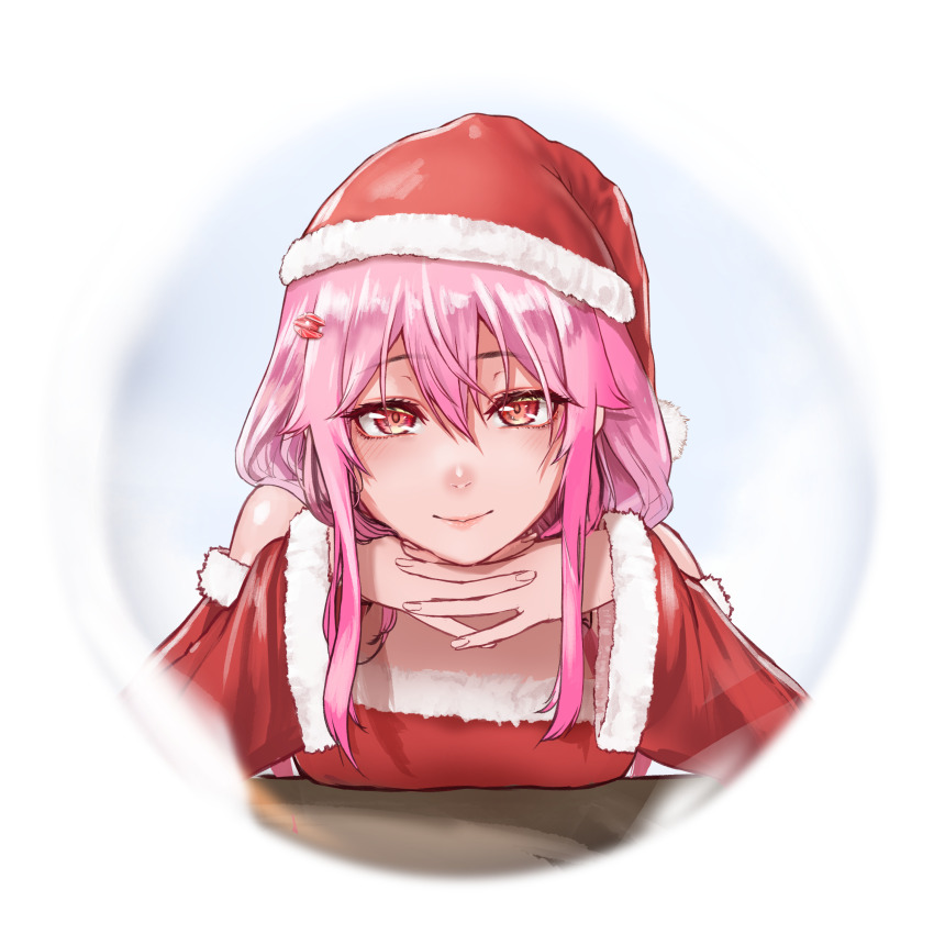 1girl absurdres alternate_costume bare_shoulders border christmas commentary fattybot fur-trimmed_headwear fur_trim guilty_crown hair_between_eyes hair_ornament hairclip hands_on_own_chin hat head_rest highres long_hair looking_at_viewer pink_hair portrait red_eyes round_image santa_costume santa_hat smile solo twintails white_border yuzuriha_inori