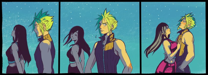 1boy 1girl absurdres apron averting_eyes bare_arms bare_shoulders black_hair black_vest blonde_hair blue_eyes blush breasts caught closed_mouth cloud_strife commentary couple crop_top english_commentary final_fantasy final_fantasy_vii final_fantasy_vii:_advent_children flying_sweatdrops from_side hand_on_another's_chest hand_on_another's_waist hetero highres hugo_artist large_breasts long_hair looking_at_another looking_up midriff_peek night popped_collar profile shirt short_hair sky sleeveless sleeveless_shirt smile spiked_hair star_(sky) starry_sky tifa_lockhart upper_body vest waist_apron zipper