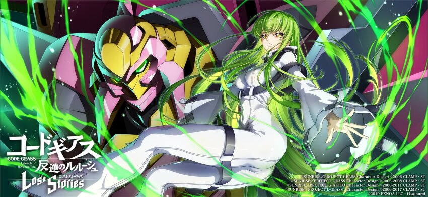 1girl arms_up blue_background blurry breasts c.c. code_geass code_geass:_lost_stories collarbone commentary_request f4samurai full_body game_cg green_hair highres jacket knightmare_frame lancelot_(code_geass) lancelot_frontier long_hair long_sleeves looking_at_viewer mecha medium_breasts official_art parted_lips reaching reaching_towards_viewer robot shoes sidelocks solo teeth very_long_hair white_jacket white_shoes wide_sleeves yellow_eyes