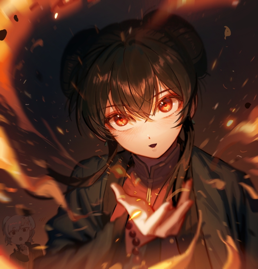 2girls :d bead_bracelet beads black_coat black_hair blush bracelet breath_weapon breathing_fire chinese_commentary coat commentary crossed_bangs double_bun embers fire hair_between_eyes hair_bun hair_intakes highres jewelry looking_at_viewer mandarin_collar multiple_girls open_clothes open_coat open_mouth original red_eyes red_shirt shirt smile solo_focus upper_body wangmou_zilaojuan