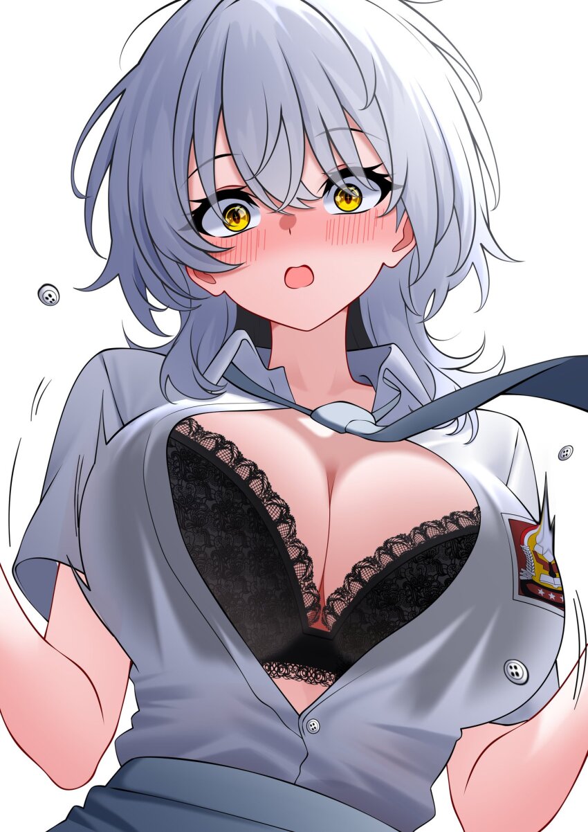1girl aldided black_bra blush bra breasts cleavage commentary english_commentary grey_hair highres indonesian_high_school_uniform large_breasts looking_at_viewer name_tag school_uniform solo underwear yellow_eyes