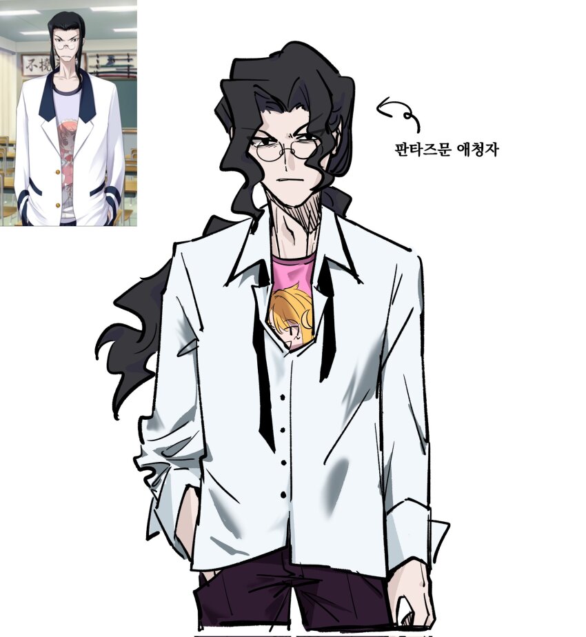 1boy arcueid_brunestud black_hair black_pants character_request collared_shirt commentary_request curtained_hair glasses haman_0110 hand_in_pocket highres korean_commentary long_hair look-alike male_focus michael_roa_valdamjong necktie otaku pants phantas-moon photo-referenced pink_shirt ponytail shirt tsukihime undone_necktie wavy_hair white_shirt