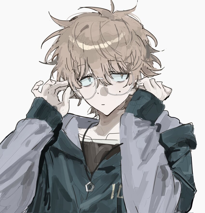 1boy blue_jacket brown_eyes brown_hair closed_mouth commentary_request glasses hair_between_eyes highres hood hood_down hooded_jacket jacket long_sleeves looking_at_viewer male_focus mole mole_on_cheek original sanpaku short_hair simple_background sini_user sleeves_past_wrists solo upper_body white_background