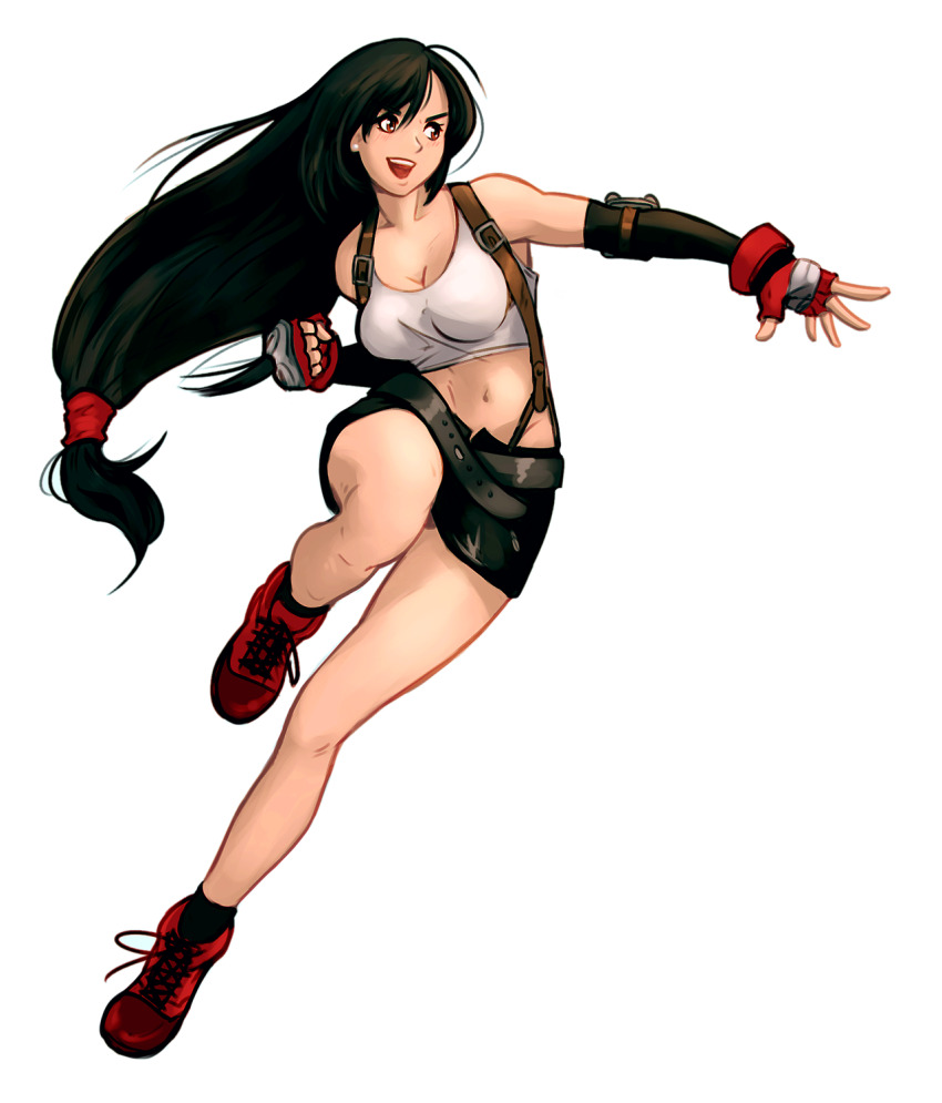 1girl artist_request bandages belt black_hair breasts fighting_stance final_fantasy fingerless_gloves floating_hair full_body gloves highres large_breasts long_hair navel open_mouth red_eyes shirt shoes shorts smile suspenders tifa_lockhart transparent_background