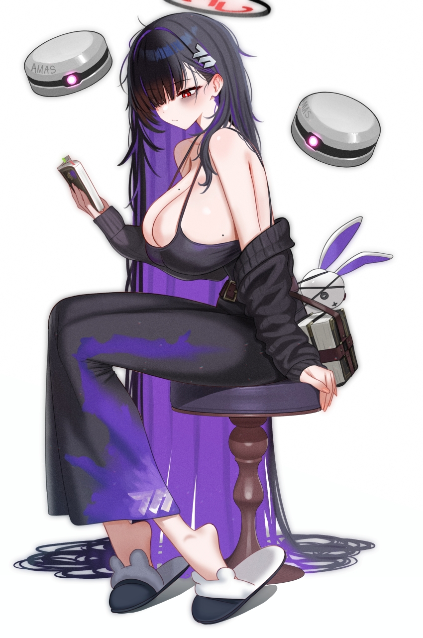 1girl absurdly_long_hair absurdres black_camisole black_hair black_skirt blue_archive blush book breasts camisole commentary cosplay english_commentary full_body goddess_of_victory:_nikke halo highres holding holding_book huge_breasts label_(nikke) label_(nikke)_(cosplay) long_hair looking_at_viewer mizikayo on_stool red_eyes rio_(blue_archive) sideboob simple_background sitting skirt slippers solo stool very_long_hair white_background white_slippers