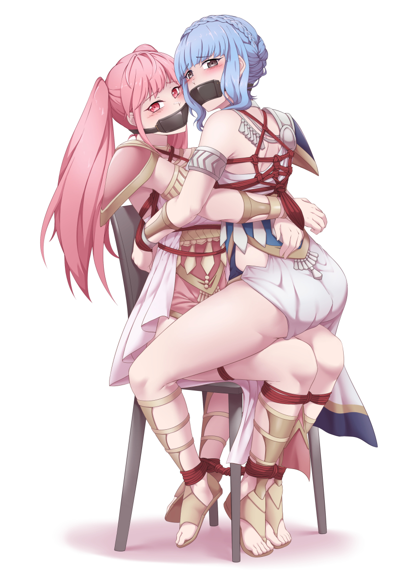 2girls absurdres adzuqi armband armor arms_behind_back bare_shoulders bdsm blush bondage bound bound_arms bound_legs bound_together bound_torso braid chair chair_bondage commission crown_braid dress embarrassed female_focus fire_emblem fire_emblem:_three_houses full_body gag gagged hair_bun highres hilda_valentine_goneril long_hair looking_ahead looking_at_viewer looking_back looking_to_the_side marianne_von_edmund marianne_von_edmund_(serene_adherent) marianne_von_edmund_(timeskip) multiple_girls nintendo pink_dress sandals short_hair short_hair_with_long_locks shoulder_armor sidelocks simple_background sitting sitting_on_lap sitting_on_person skin_tight skindentation slave straddling swept_bangs toes twintails white_background white_dress