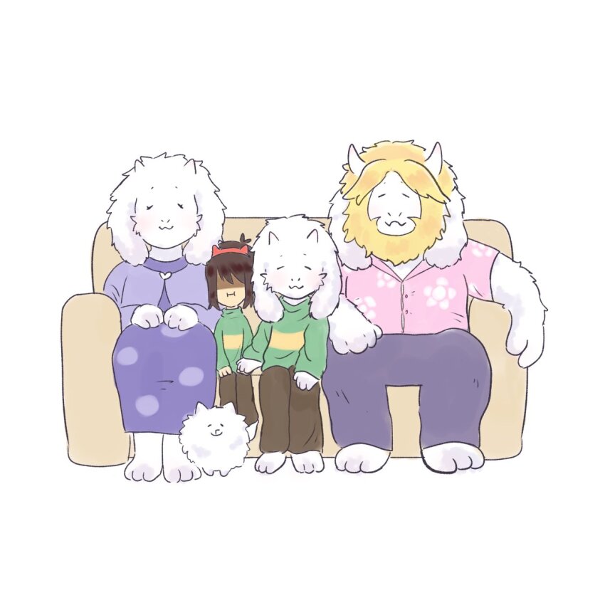 1girl 1other 2boys animal_ears annoying_dog asgore_dreemurr asriel_dreemurr beard blonde_hair blue_pants brown_pants closed_eyes closed_mouth couch deltarune dress facial_hair facing_viewer fake_horns floppy_ears furry furry_female furry_male goat_boy goat_ears goat_girl goat_horns green_sweater highres horns kris_(deltarune) multiple_boys on_couch pants pink_shirt purple_dress shirt sitting sweater toriel ui_5286 utdr_(toby_fox) white_background