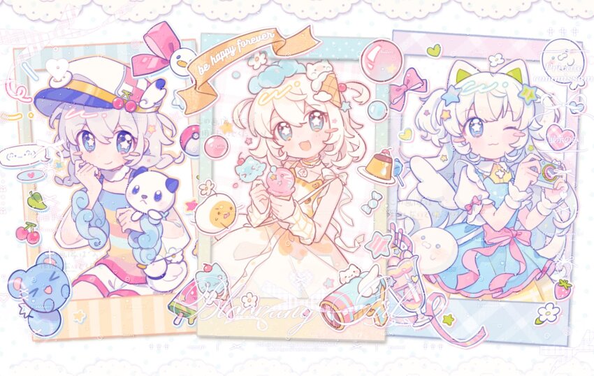 3girls :d ;3 animal_ears azurill blonde_hair blue_dress blue_eyes blush blush_stickers cat_ears closed_mouth collared_shirt commentary cowboy_shot double-parted_bangs dress fanqiealxe gen_3_pokemon gen_5_pokemon grey_hair hair_between_eyes hat highres long_hair looking_at_viewer multiple_girls nintendo one_eye_closed open_mouth original oshawott pokemon pokemon_(creature) shirt short_hair short_sleeves shorts smile star-shaped_pupils star_(symbol) striped_clothes striped_shirt symbol-only_commentary symbol-shaped_pupils two_side_up watermark white_hair white_hat white_shirt white_shorts