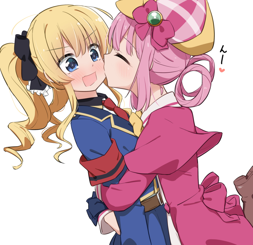 2girls akechi_kokoro black_ribbon blonde_hair blue_coat blue_eyes blush closed_eyes coat commentary_request dress hair_ribbon hair_rings highres kiss kissing_cheek long_hair miruzawa_akechi multiple_girls necktie open_mouth pink_dress pink_hair red_necktie ribbon sherlock_shellingford side_ponytail simple_background tantei_opera_milky_holmes white_background yuri
