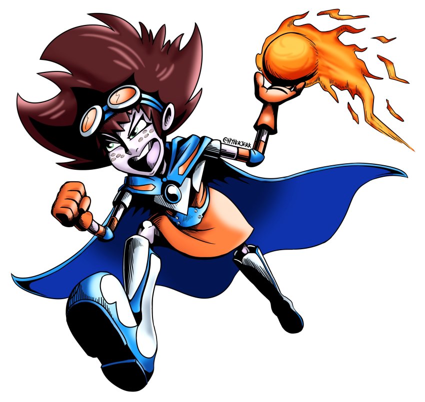 1girl absurdres alternate_costume angela_anaconda angela_anaconda_(character) angelamon_(angela_anaconda) attack cape cosplay digimon digimon_adventure fire fireball goggles goggles_on_head highres official_alternate_costume running solo what bad_tag yagami_taichi yagami_taichi_(cosplay)