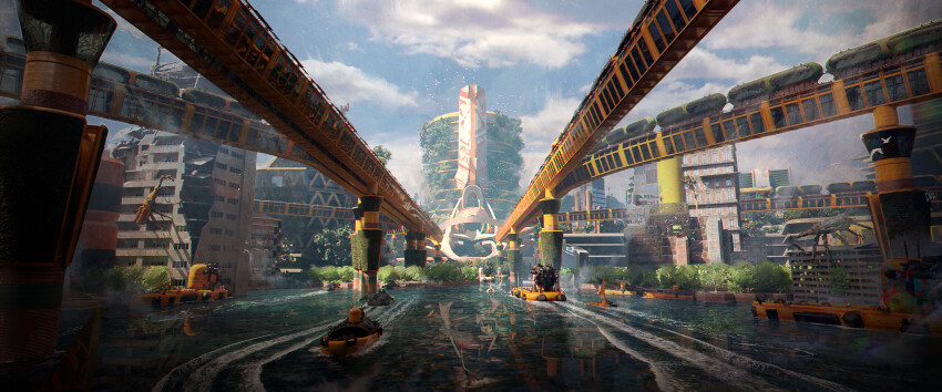 absurdres blue_sky boat building city cloud cloudy_sky commentary day english_commentary felixriano flock highres lake no_humans original outdoors railroad_tracks reflection reflective_liquid robot science_fiction sky solarpunk tower train water watercraft