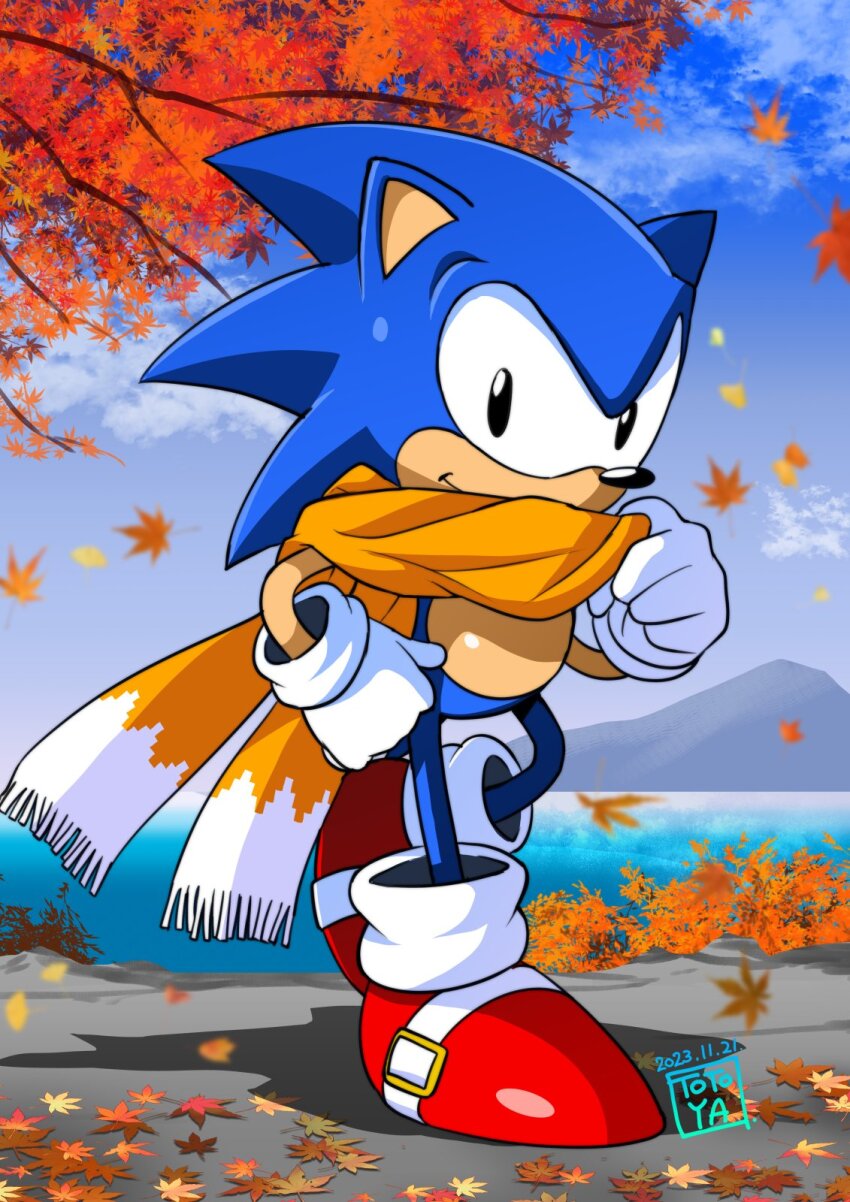 1boy adjusting_scarf artist_name autumn autumn_leaves black_eyes blue_sky classic_sonic closed_mouth commentary_request dated falling_leaves fringe_trim full_body furry furry_male gloves hand_on_own_hip hand_up heel_up highres judy_totoya lake leaf male_focus mountainous_horizon official_artist_extra outdoors red_shoes scarf shoes sky smile solo sonic_(series) sonic_the_hedgehog sonic_the_hedgehog_(classic) standing tree white_gloves yellow_scarf