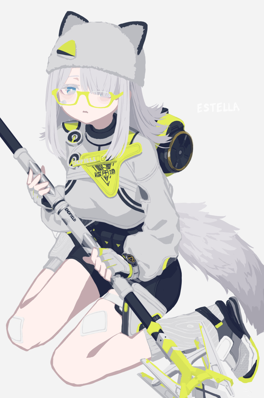 1girl absurdres animal_ears arknights bespectacled black_shirt black_shorts blue_eyes breasts bright_pupils cat_ears cat_girl cat_tail commentary crop_top ears_through_headwear elevation_contour_lines estella_(arknights) fingerless_gloves glasses gloves grey_hair hair_over_one_eye highres holding holding_polearm holding_weapon leg_warmers looking_at_viewer medium_breasts no_lineart papaia_(quentingqoo) parted_lips polearm shirt shorts simple_background solo tail undershirt watch weapon white_background white_leg_warmers white_pupils white_shirt wristwatch